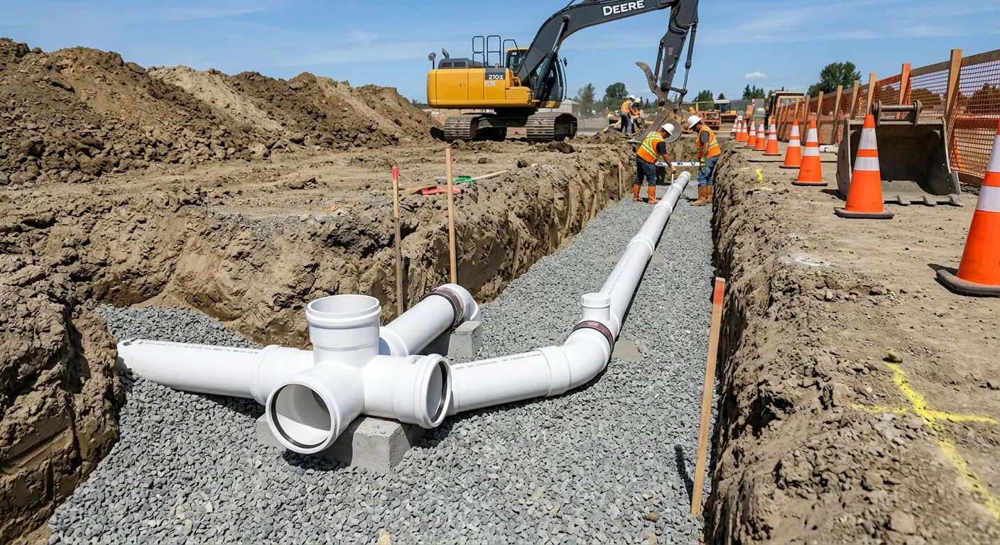 New PVC sewer pipe installation in open trench for Grease Trap Cleaning in Eureka