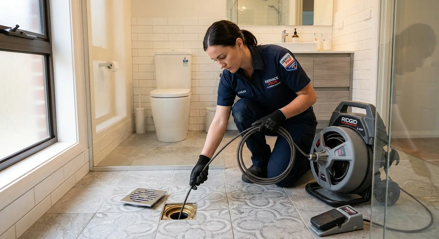 Technician clearing a bathroom floor drain for Sewer Line Installation in Eureka